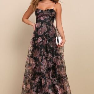 Lulus Exclusive Glamour Black Floral Organza Tiered Maxi Dress - Size S